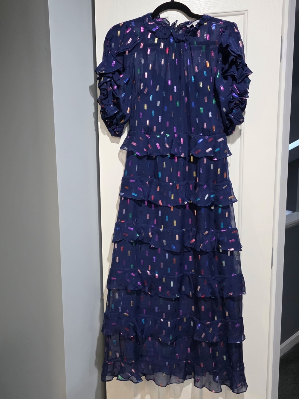 Monique Lhuillier Navy Blue Tiered Maxi Dress with Multicolor Confetti